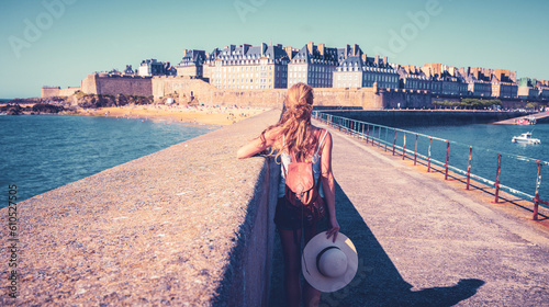 Woman tourist visiting Saint Malo city- Brittany in France