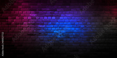Black brick wall background rough concrete with neon lights and glowing lights