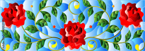 An illustration in the style of a stained glass window with a bright scarlet roses flowers on a blue sky background