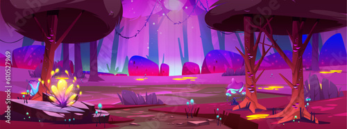 Pink fantasy magic forest cartoon background illustration. Night fairytale jungle nature scenery landscape with purple garden. Summer magical flower with fantastic glowing puddle in woodland park.