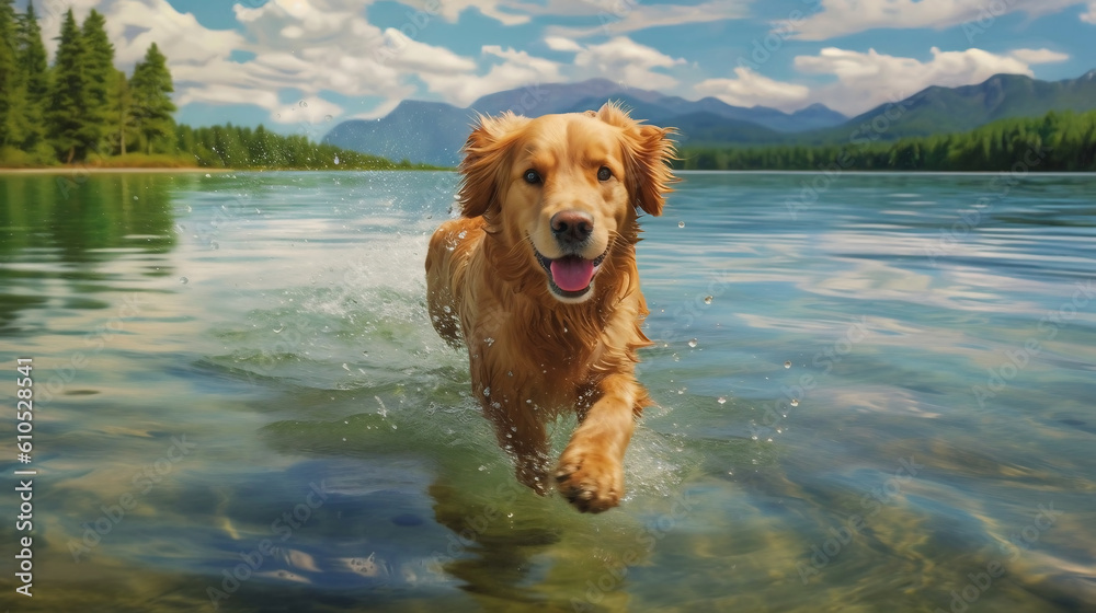 An AI generated illustration of a dog playing and having fun in the water at the beach