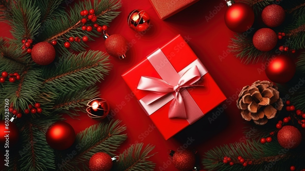 Christmas background with fir tree branches, gift boxes and golden balls on red background, top view, created by generative AI