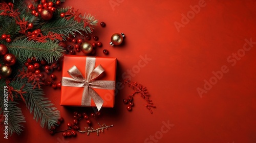 Christmas background with fir tree branches, gift boxes and golden balls on red background, top view, created by generative AI