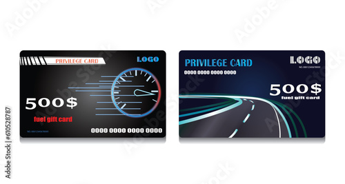 Fuel discount cards. refuel gift coupon, gasoline voucher on free petrol fueling diesel vehicle or auto oil, privilege card template, vector illustration of fuel discount for gas station service