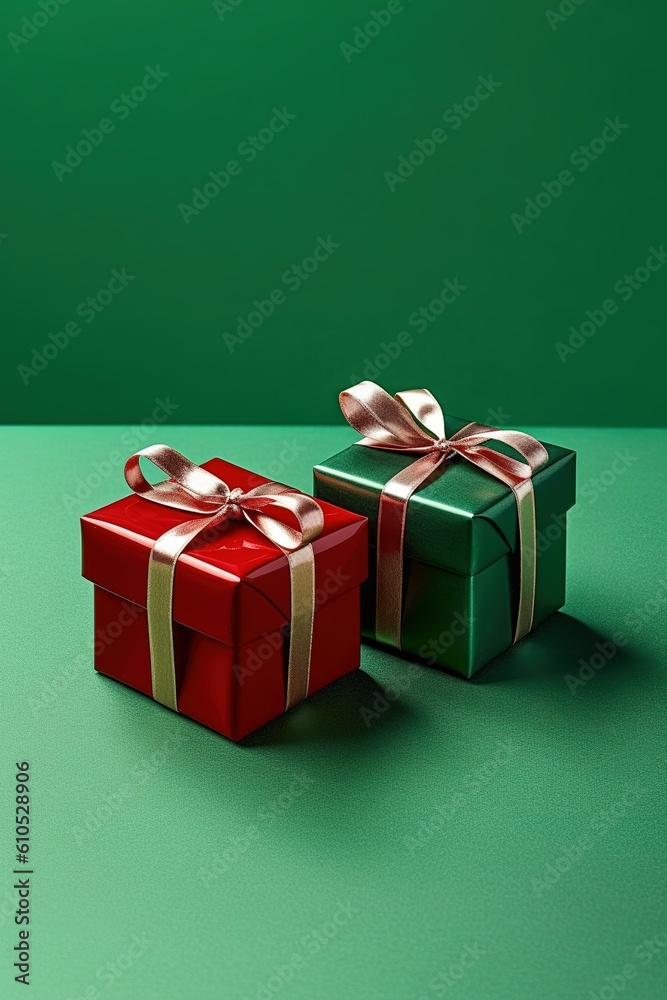 gift boxes on green background, created by generative AI gift boxes on green background, created by generative AI