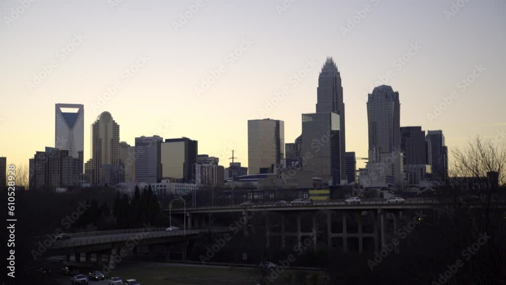 Lockdown Shot Of Illuminated Buildings And Roads In City At Sunset - Charlotte, North Carolina Lockdown Shot Of Illuminated Buildings And Roads In City At Sunset - Charlotte, North Carolina