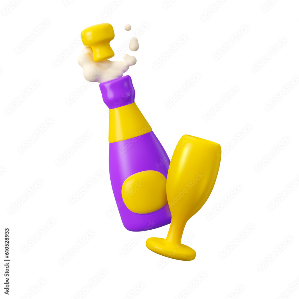 Vector 3d icon wine bottle. Champagne pop open with cork and drinking glass simple render illustration isolated on white background