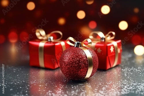 Christmas background with red gift box and Christmas ball on bokeh background, created by generative AI
