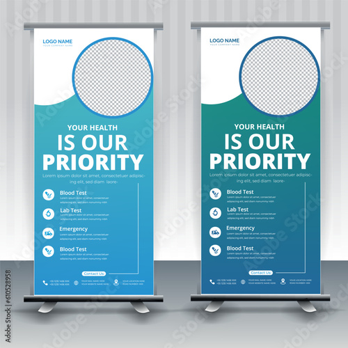 Modern healthcare and medical roll up design for hospital doctor clinic dental. standing banner template decoration for exhibition, printing, presentation, elegant layout.