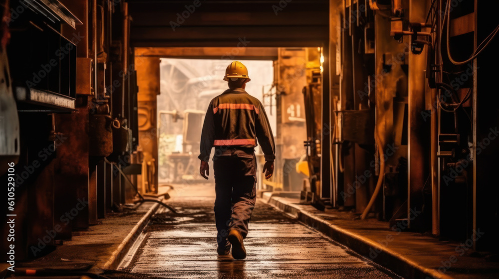 Worker in workwear and safety helmet leaving the factory after finishing the shift, generative ai Worker in workwear and safety helmet leaving the factory after finishing the shift, generative ai