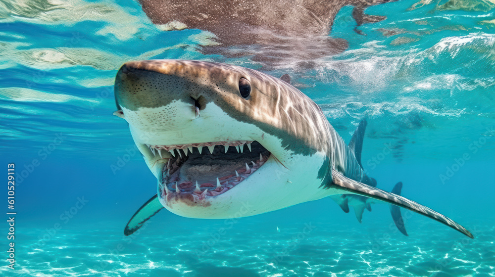 Fototapeta premium Close-up of a Great White Shark in shallow clear waters, generative ai