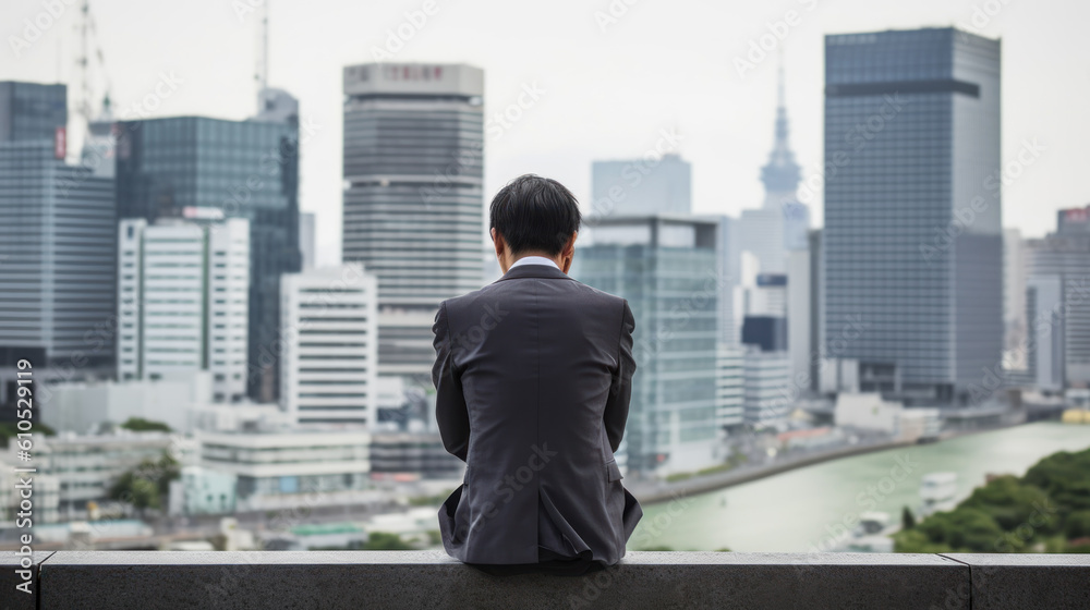Thoughtful and depressive Asian man in a suit sitting on a wall overlooking a city, generative ai Thoughtful and depressive Asian man in a suit sitting on a wall overlooking a city, generative ai