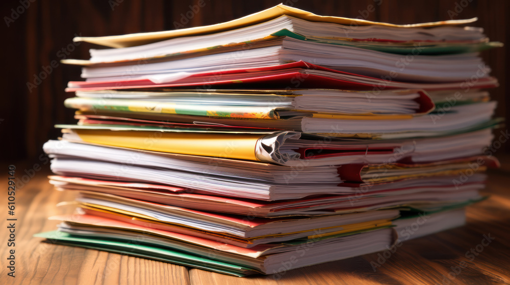 A stack of documents stored inside several piled folders, generative ai A stack of documents stored inside several piled folders, generative ai