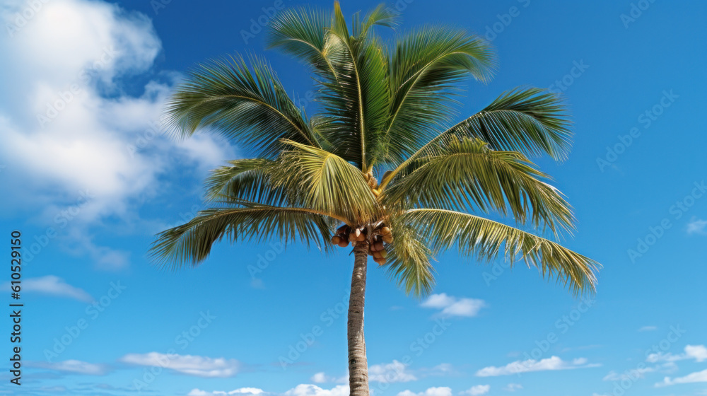 Isolated coconut palm tree with coconuts against a blue sky, generative ai