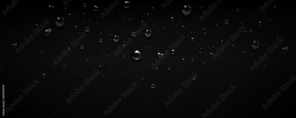 Rain water drop bubble vector background. Glass surface with realistic clear condensation lborder 3d effect. Dark spray abstract raindrop illustration with tear blob. Rainy liquid aqua design