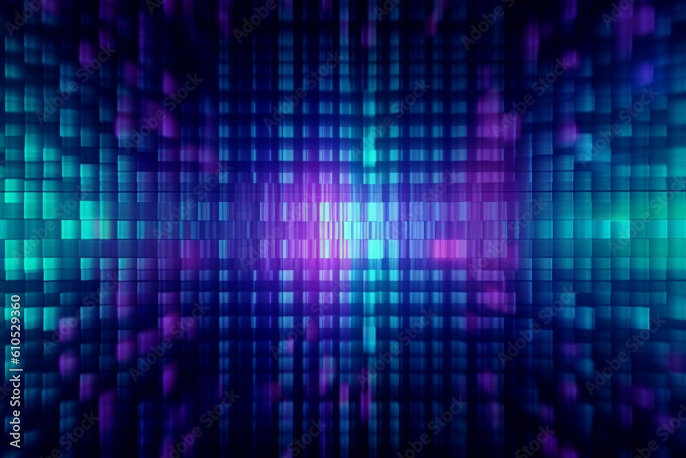 Blockchain Abstract NFT Futuristic Technology Neon Pixel Grid Colorful Background Square Cube Laser Shape Computer Wafer Multi-Layered Effect Pink Red Blue Checked Mosaic Pattern Navy Backdrop Striped