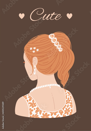 Vector illustration of cute hairstyle of a woman with orange blond hair pulled up and tied at the hairpin with jewelry, back view