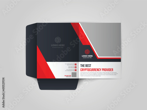 Cryptocurrency presentation folder, brochure, catalogue, layout for placement of photos and text, creative modern design of geometric elements presentation folder.