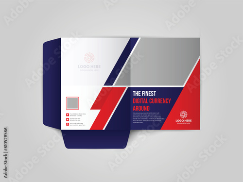 Cryptocurrency presentation folder, brochure, catalogue, layout for placement of photos and text, creative modern design of geometric elements presentation folder.