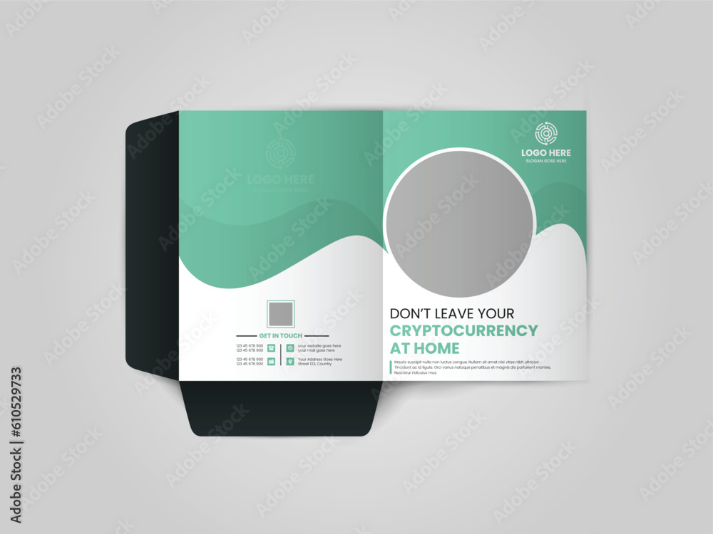 Cryptocurrency presentation folder, brochure, catalogue, layout for placement of photos and text, creative modern design of geometric elements presentation folder.