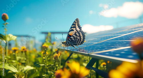 Butterfly with solar panel with light sunny.environment and ecology.clean nature energy power.generative ai technology