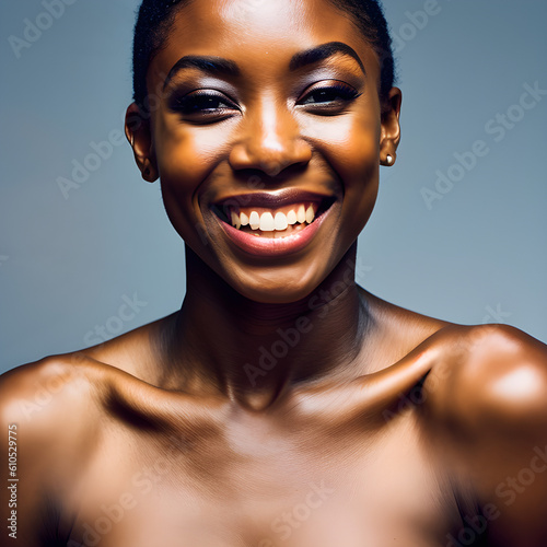 Beautiful African American female model smiling. Headshot. (AI-generated fictional illustration)