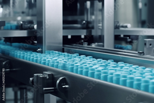 Blue Capsules on Conveyor at Modern Pharmaceutical Factory, Tablet and Capsule Manufacturing Process, Close-up Shot of Medical Drug Production Line © alisaaa