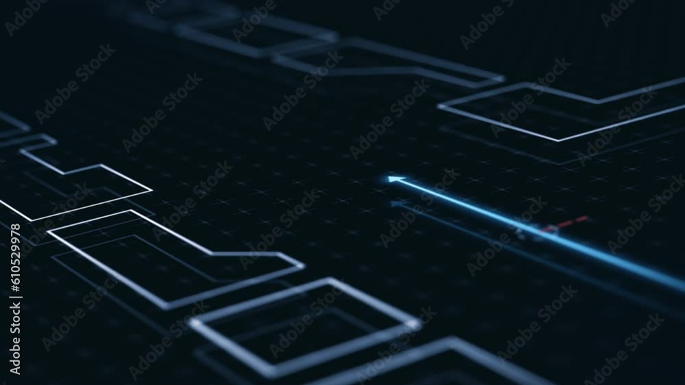 Futuristic gps map navigator system, direction path animation with alternative path, route destination, stylized map with streets and buildings (3d render)