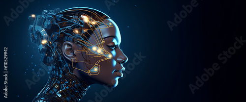 3D illustration of a neon android with a human face  with copy space. Technology background Data flow concept. AI robot face network formation. AI generated