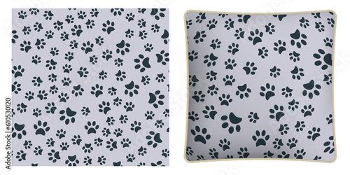 Square decorative pillow, bedroom accessory decorated Pads of cat paws seamless pattern. Animal paw prints on ground. Vector ornament for design of posters and printing on textile