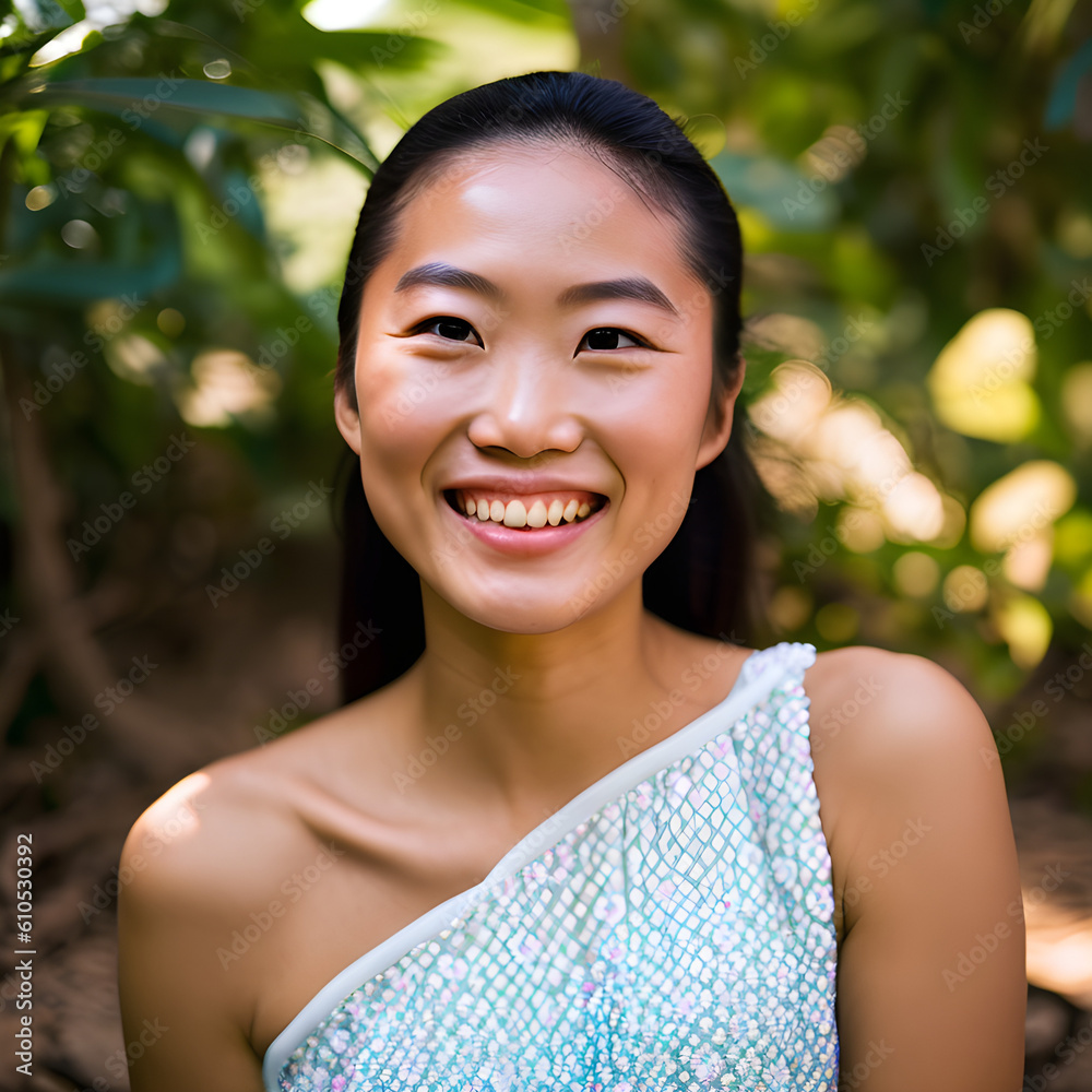 Beautiful Asian female model smiling. Headshot. (AI-generated fictional illustration) Beautiful Asian female model smiling. Headshot. (AI-generated fictional illustration)