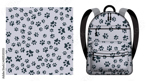 Children school backpack decorated Pads of cat paws seamless pattern. Animal paw prints on ground. Student accessories. Vector ornament for design of posters and printing on textile