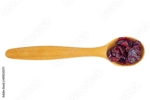 Fototapeta Naklejka Na Ścianę i Meble -  Some dried cranberry in wooden spoon isolated on white background