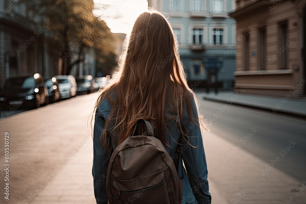 Back view of young woman with backpack walking on the street at sunset, A teenage girl student with long flowing hair and carrying a backpack, AI Generated