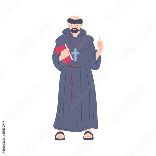 Vector isolated illustration of medieval priest with bible and cross, concept of Middle ages