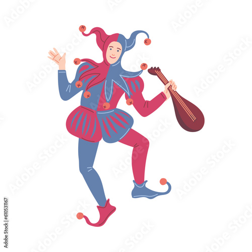 Funny jester with mandolin music instrument, cartoon flat vector illustration isolated on white background.