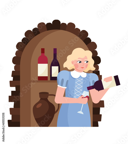 Blonde handsome positive realistic girl pouring wine into glass. Wine from organic grapes. Alcohol drinks. Vector flat style illustration on white background
