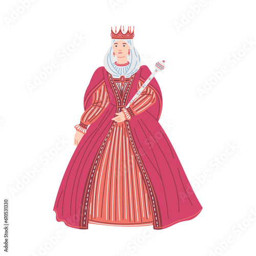 Medieval queen in big dress, cartoon flat vector illustration isolated on white background.