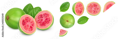 Guava fruit with slices isolated on white background with full depth of field. Top view. Flat lay