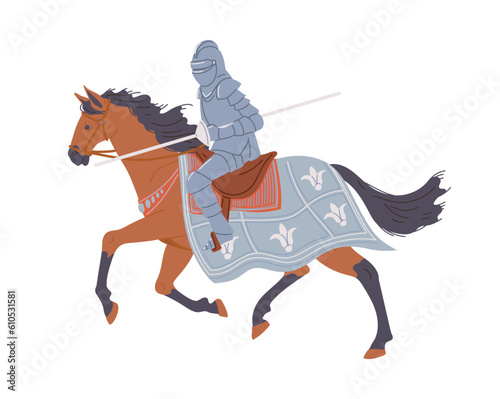 Armed knight riding horse, medieval warrior - cartoon flat vector illustration isolated on white background.