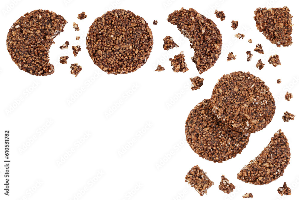 amaranth cookies with carob isolated on white background. Healthy food. Top view with copy space for your text. Flat lay amaranth cookies with carob isolated on white background. Healthy food. Top view with copy space for your text. Flat lay