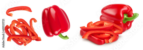 red sweet bell pepper with slices isolated on white background. Top view. Flat lay © kolesnikovserg