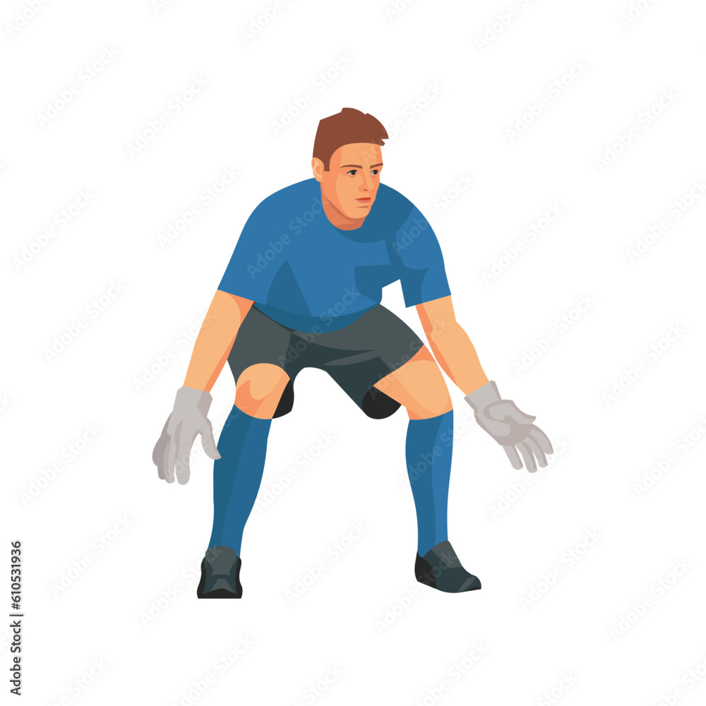 Figure of a football goalkeeper in a blue t-shirt standing in front of the goal with legs bent waiting for the ball Figure of a football goalkeeper in a blue t-shirt standing in front of the goal with legs bent waiting for the ball