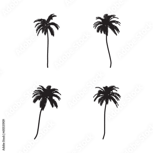 Black palm trees set isolated on white background. Palm silhouettes. Design of palm trees for posters  banners and promotional items. Vector illustration.