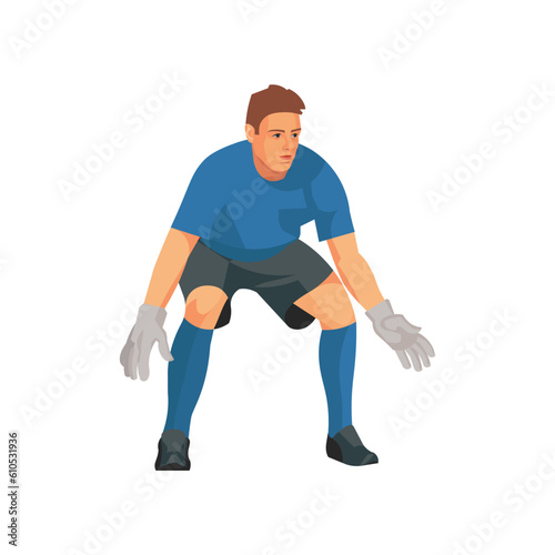 Figure of a football goalkeeper in a blue t-shirt standing in front of the goal with legs bent waiting for the ball