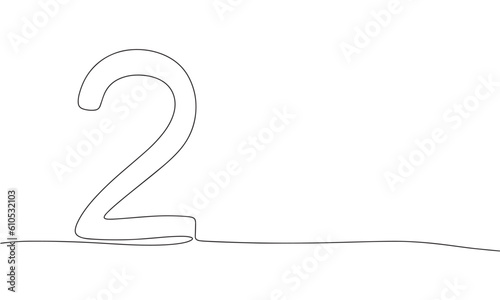 Number 2. One line continuous number two isolated on white background. Line art, outline, vector illustration.