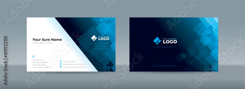 Set of double sided business card templates with abstract random transparent white rectangle on white and dark blue background