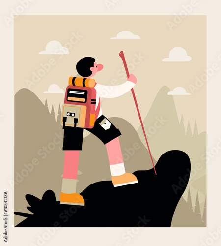 Young tourist with backpack climbed mountain and looks ahead, take rest. Cartoon character went hiking in mountains. Travel concept. Flat vector illustration in warm color