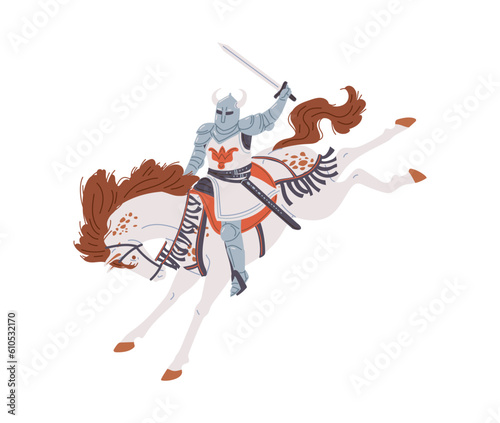 Vector isolated illustration of medieval knight wearing armor and white cloak, sword in hand and helmet with horns riding a horse
