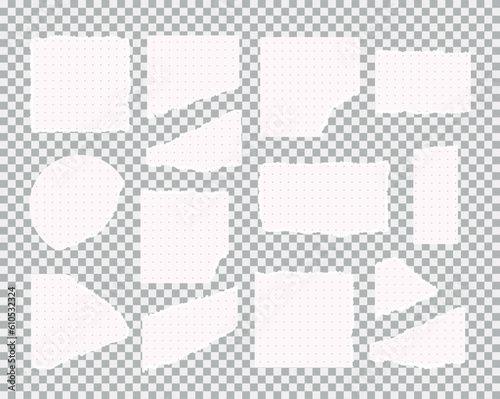 Set of empty torn, ripped white lined, math note, notebook paper pieces vector illustrations